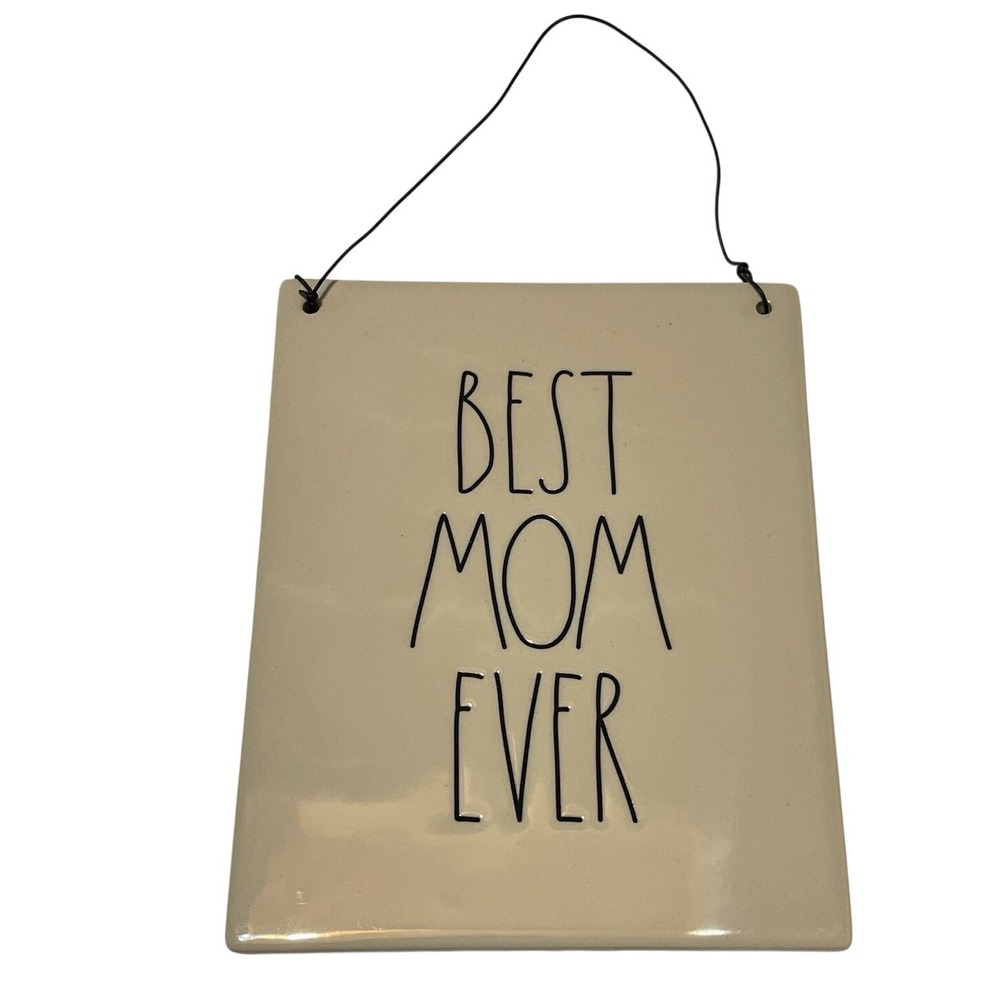 Rae Dunn Best Mom Ever Ceramic Wall Hanging Plaque Sign Cream Black Wire Hanger